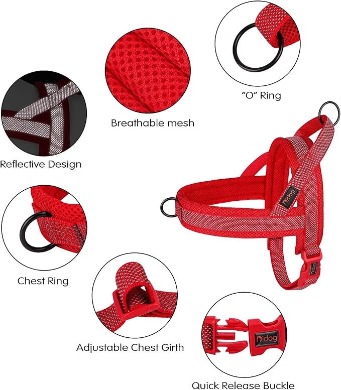 Didog No Pull Dog Harness with Breathable Mesh Padded, Full Reflective & Quick Fit Adjustable Vest Harness, Easy for Training Walking for Small & Medium and Large Dogs (Red, M:Chest 21-26")