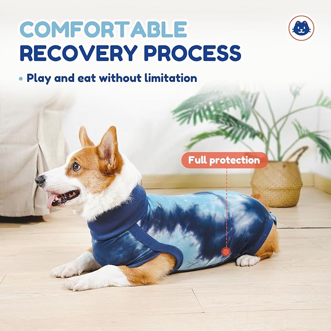 Breathable Dog Recovery Suit for Male/Female, Tie Dye Blue Dog Onesie for Abdominal Wounds, Cone E-Collar Alternative After Surgery to Anti-Licking, Professional Surgery Suit for Dogs