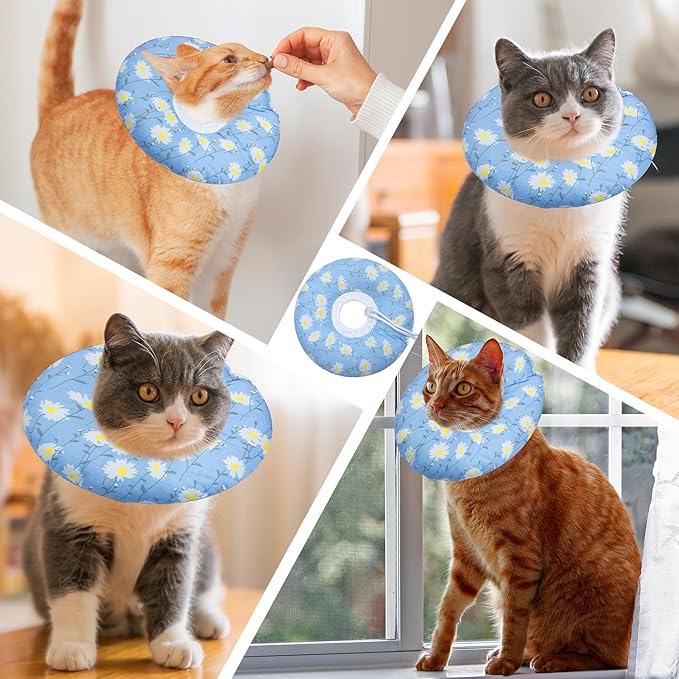 Cat Cone Collar Soft, Adjustable Cat Recovery Collar Kitten Cones to Stop Licking, Cute Donut E Collar After Surgery, Anti-Lick Wound Healing Elizabethan Collar for Kitten (Blue Daisy, Small)
