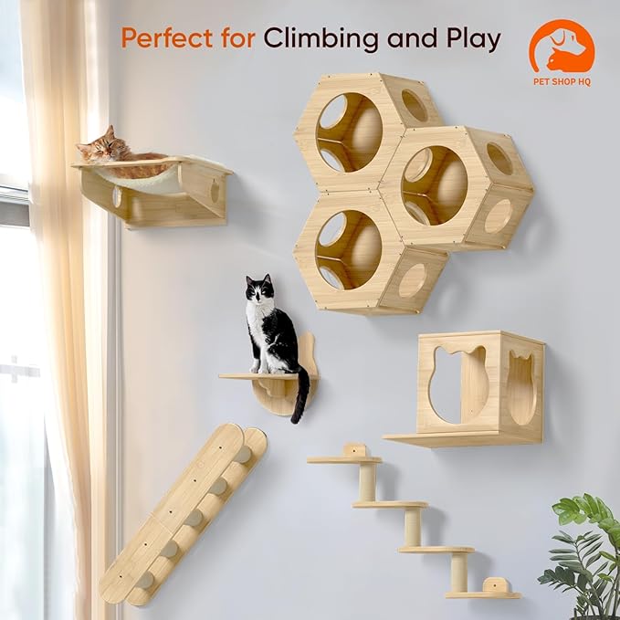 Cat Wall Furniture - Climbing Shelves, Ladders, Hammock & More - Bamboo Material - Light Brown - Cat House, Shelves, Perches, Hammock, Bed, Bridges, Walkways