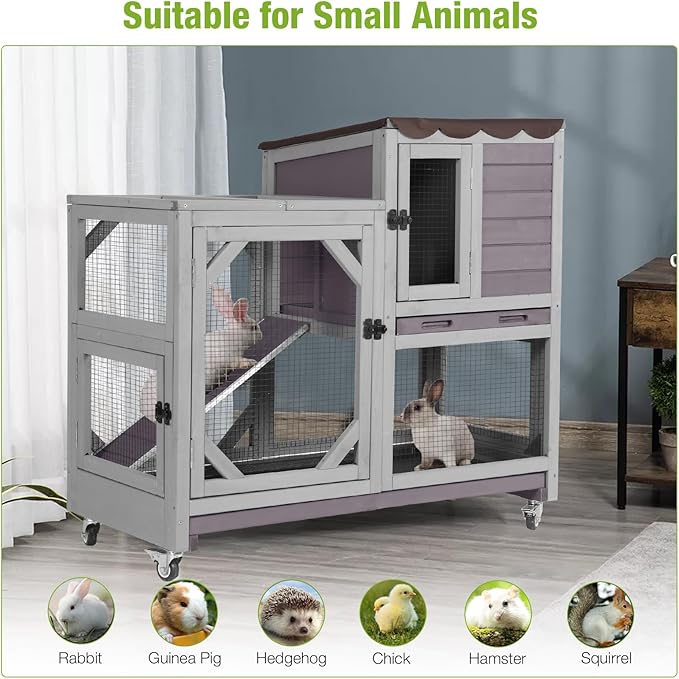 Wooden Rabbit Hutch with Two Story, Bunny Cage with Leak-Proof Trays, and Chew-Proof Ramp, Guinea Pig Cage with Wheels, Suitable for Indoor/Outdoor Use (Grey)