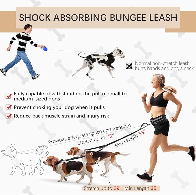 Hands-Free Waist Leash with Pouch for Two Dogs: Reflective Stitching, Dual Handle & Bungee Retractable Design – Ideal for Medium to Large Dogs (Grey) – Dog Walking Accessories