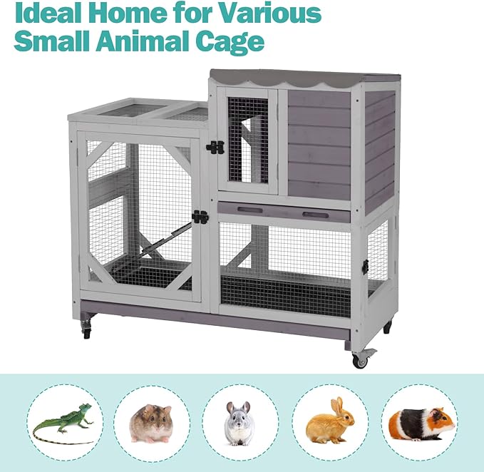 Rabbit Hutch Indoor for 2-4 Rabbits & Guinea Pigs,Bunny Cage with Slide-Out Plastic Trays,Wooden Small Animal Cage for Rabbits, Bunnies, and Guinea Pigs