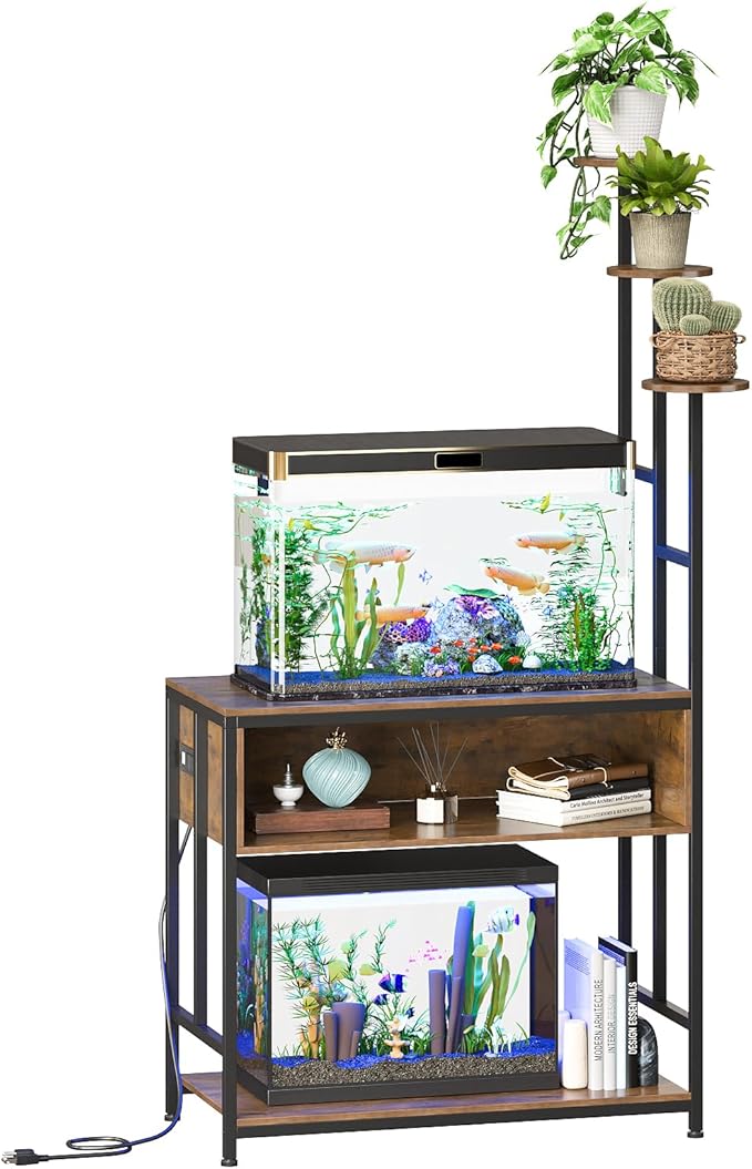 Aquarium Stand with Plant Shelves,20-Gallon Fish Tank Stand with 2-Tier Storage and Display Racks,Metal Frame Reptile Tank Table with Tall Plant Holders,Industrial Rack for Home,Office