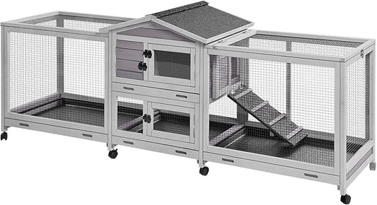 GUTINNEEN Rabbit Hutch Guinea Pig Cage with Double Run Indoor Bunny Hutch Outdoor Rabbit House with Deeper No Leak Trays and Wheels