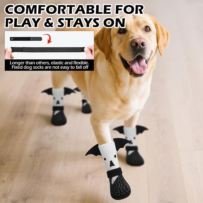 EXPAWLORER Halloween Anti Slip Dog Socks to Prevent Licking Paws, Boots & Paw Protectors with Grippers,Doggie Booties for Hardwood Floors for Small Medium Large Senior Dogs Costume White Ghost Wings L
