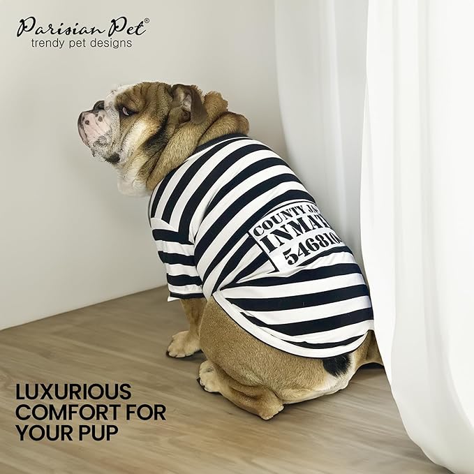 Parisian Pet Dog Shirt - Prisoner Dog Costume - 100% Cotton Black and White Strips Dog Clothes - Lightweight Polyester Dog Shirts - Sleeved Dog Costume for Large Dogs - Pet Costumes - 2XL