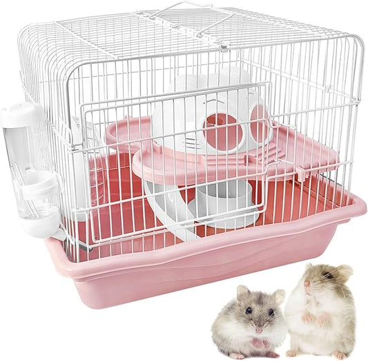 PINVNBY Dwarf Hamster Cage, Small Animal Cages, 2-Tier Travel Portable Mouse Cage Hamster Carrier with Castle House Running Exercise Wheels, Water Bottle and Food Dis(Pink)