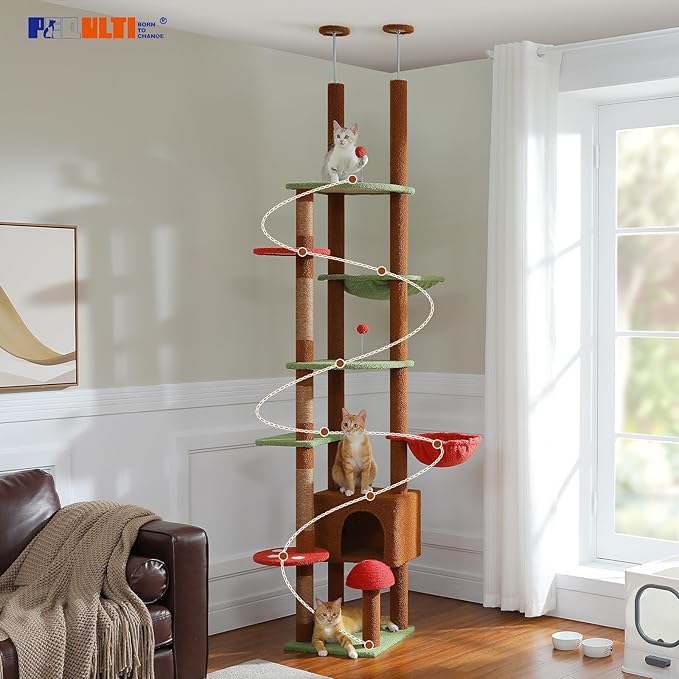 PEQULTI Mushroom Cat Tree Floor to Ceiling Cat Tower Adjustable Height (90.5''-100.4'' = 230cm-252cm) with Cat Condo, Cozy Hammock and Scratching Post, Tall Activity Tree for Indoor Cats, Brown