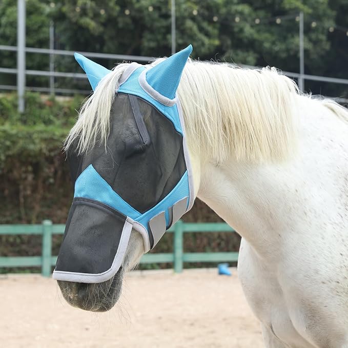 Horse Fly Mask with Ears & Long Nose Cover | Forelock Opening for Tangle-Free Mane Care | UV Protection & Breathable Mesh | No Rub Fit and Enhanced Visbility for Trail Riding Paleblue Full