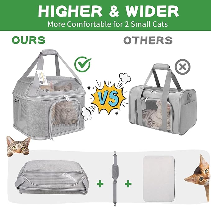 Large Cat Carrier for 2 Cats, Soft Side Pet Carrier for Cats Small Dog Up to 20 lbs, Collapsible Travel Dog Carrier Bag, Oeko-TEX Certified TSA Airline Approved Cat Carrier Backpack (Gray)