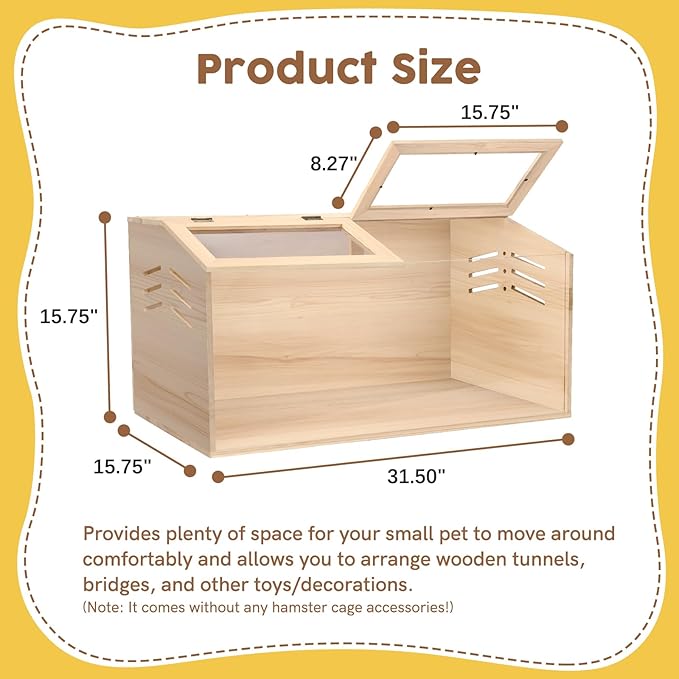 Snowtaros Wooden Hamster Cage, Large Hamster Cages and Habitats Chewproof, with 2 Openable Acrylic Top, Small Animal Cage for Mouse Gerbil Quail Dwarf Syrian Hamsters (31.5" L*15.7" W*15.7" H)