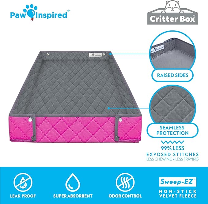 Paw Inspired Critter Box Washable Cage Liner, Reversible Fleece Bedding with Raised Sides for Guinea Pigs and Other Small Animals (Midwest, Gray/Pink)