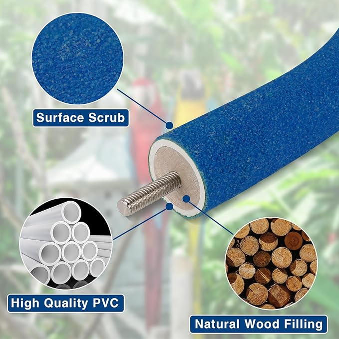 Rypet U Shape Parrot Perch Stand Toy for Paw Grinding Clean Stick Exercise, Rough-Surfaced Quartz Bird Perch Standing Cage Accessories for for Small Parakeets Cockatiels Conures Macaws Finches(Blue)