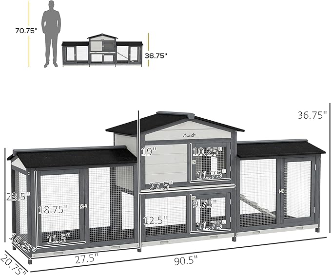 PawHut 90.5" Wooden Rabbit Hutch Bunny Cage Pet Playpen House Enclosure with Double Side Run Boxes, No Leak Tray, Ramp, for Guinea Pig and Small Animals, Light Gray