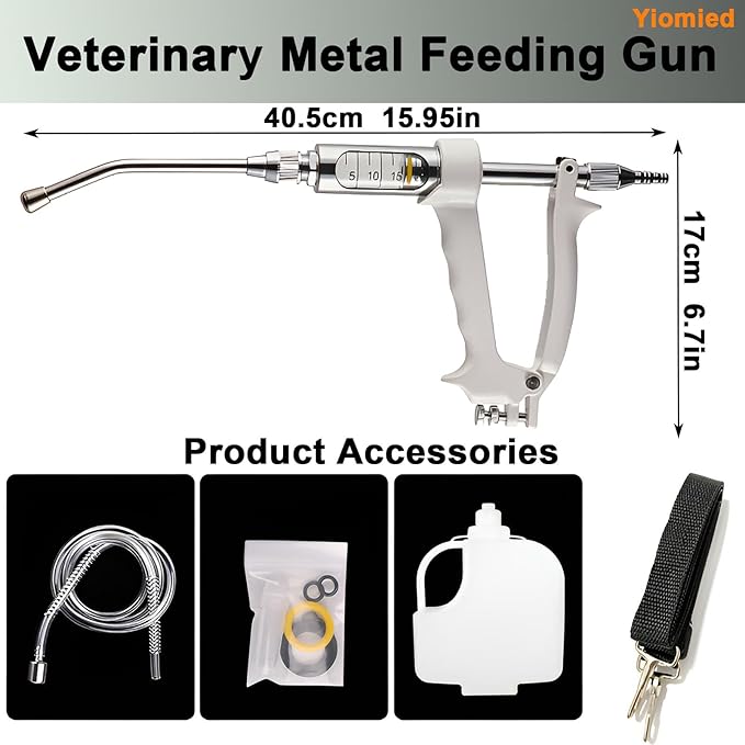 20ML Veterinary Metal Feeding Gun, Continuous Drench Gun Dosing Device Veterinary Adjustable Medicine Dispenser Husbandry Autonomous Feeding Tool, for Pig Cow, Sheep, Horse (White Color, 20ML+Kettle)