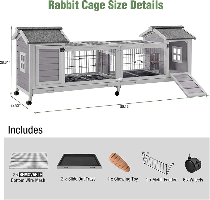 Wooden Rabbit Hutch with Wheels, Indoor Outdoor Bunny Cage with Removable Netting, Guinea Pig House with Leak-Proof Trays