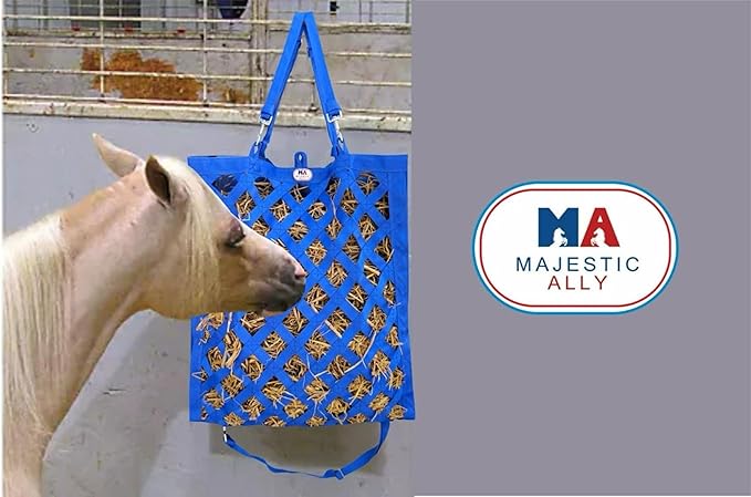 Majestic Ally Premium Nylon Hay Bag for Horses and Livestock, Simulates Grazing, Slow Feeding, Heavy-Duty PP Webbing,Quick-Adjust Straps, Small Hole for Digestion, Multiple Colors (Royal Blue)