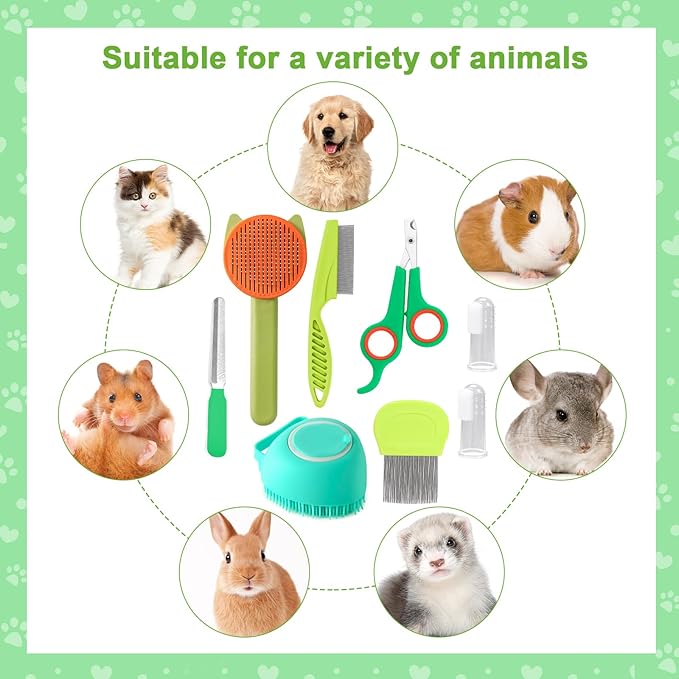 VCZONE 8 Pcs Cat Brush Grooming Kits, Pet Self Cleaning Kit with Pet Nail Clipper and File, Flea Comb, Pet Shampoo Bath Brush, Pet Shedding Brush, Silicone Toothbrush (Green)