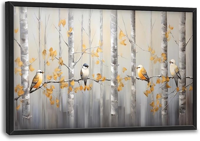 Quorin Bird Large Wall Art Abstract Forest Birds Pictures Wall Decor Yellow Woods Branches Tree Canvas Print Painting Artwork for Bathroom Living Room Bedroom 36L x 24W