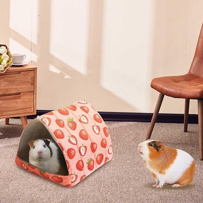 JSPYFITS Guinea Pig Hideout, 2 Pack Guinea Pigs House Set Rabbit Bed, Guineapigs Houses Rabbit Hideout for Small Animal Bunny/Rabbits/Chinchilla Accessories Pink Strawberry