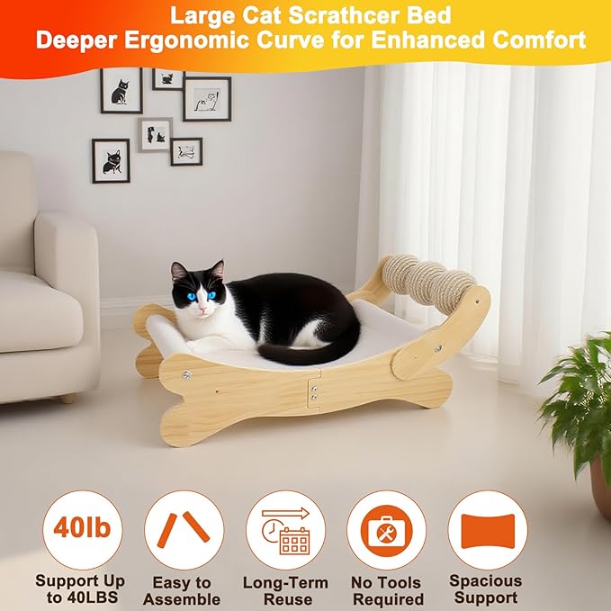 Cat Scratcher Bed for Indoor Cats | 3-in-1 Scratching Post & Hammock Lounge with Wooden Perch, No-Tip Stable Base for Small/Medium/Large Cats ,Durable Scratch Pad & Cat Furniture (Easy Assembly)
