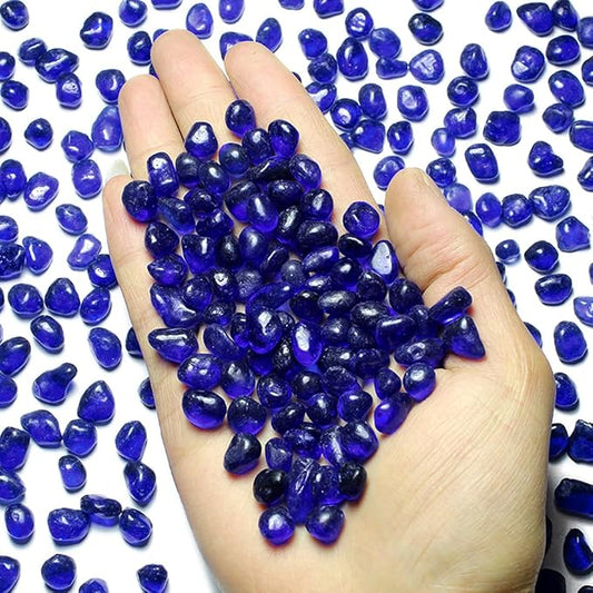 1 Lb (460 g) Deep-Blue Sea Glass Stones Irregular Rainbow Glass Pebble Decorative Rock Quartz Tumbled Gemstone Chips for Aquarium Decoration/Vase Filler/Jewelry Making/Handwork Craft/Gems Display