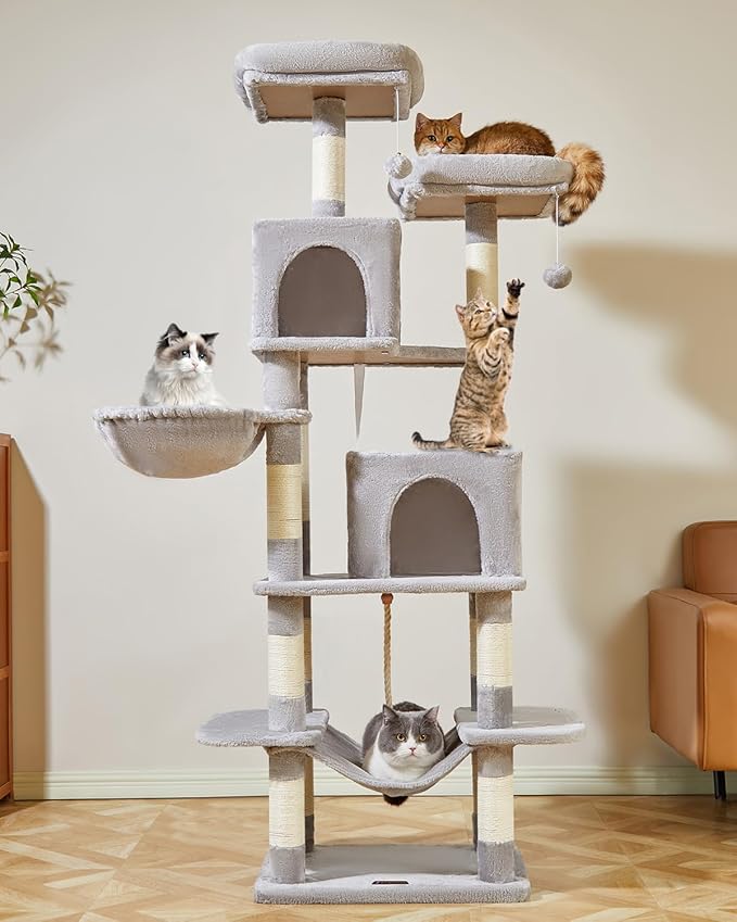 Taoqimiao Cat Tree, 71.7-Inch Cat Tower for Indoor Cats, Plush Multi-Level Cat Condo with 13 Scratching Posts, 2 Perches, 2 Caves, Hammock, 2 Pompoms,Light Gray MS013LW