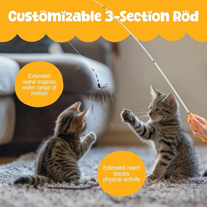 Cat Wand 38" - Retractable Cat String Toy with Spider Teaser and Refill, Perfect Interactive Toy for Indoor Cats and Kittens