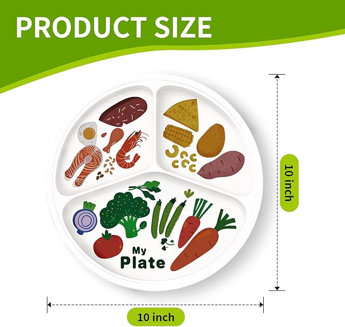 10" 3-Grid Cute Cartoon Portion Control Plate - Melamine, Healthy Nutrition for Weight Loss & Diabetes Management, Ideal for Adults & Teens Kids (4 Pack)
