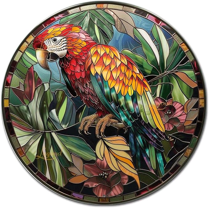 Lygond Metal Sign Tin Sign Circular Stained Glass Parrot Bar Signs for Home Bar for Patio 8×8 Inches