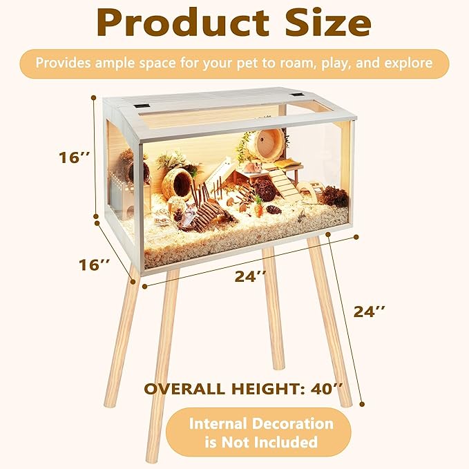 Hamster Cage Wooden Chew Proof, Extra Large Mice and Rat Habitat Openable Top with Acrylic Sheets Solid Built Small Animal Cage with Leg Stands, 24 Inch Long