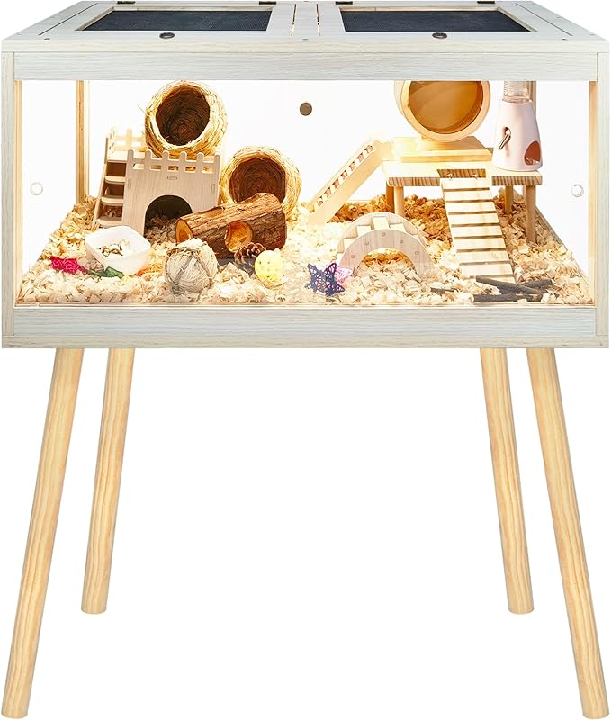 Hamster Cage Chewproof, Mice and Rat Habitat with Transparent Sides, Hamster House with Openable Mesh Top, Solid Built with Lock Design and Leg Stand, 40" Wide