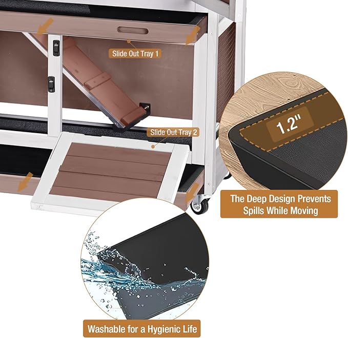 Rabbit Hutch Indoor Outdoor, Bunny Cage with Casters, Guinea Pig Cage Bunny Hutch with Two Plastic Trays 36inch-Brown
