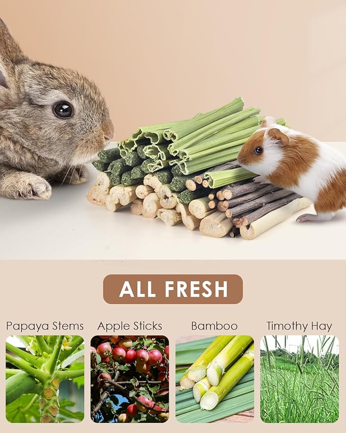 Bissap 60 PCS Rabbit Chew Sticks, Sweet Bamboo Timothy Hay Chew Stick Papaya Stems Apple Branch Bunny Chews for Rabbit Hamster Chinchilla Guinea Pig Small Pet Natural Molar Treats