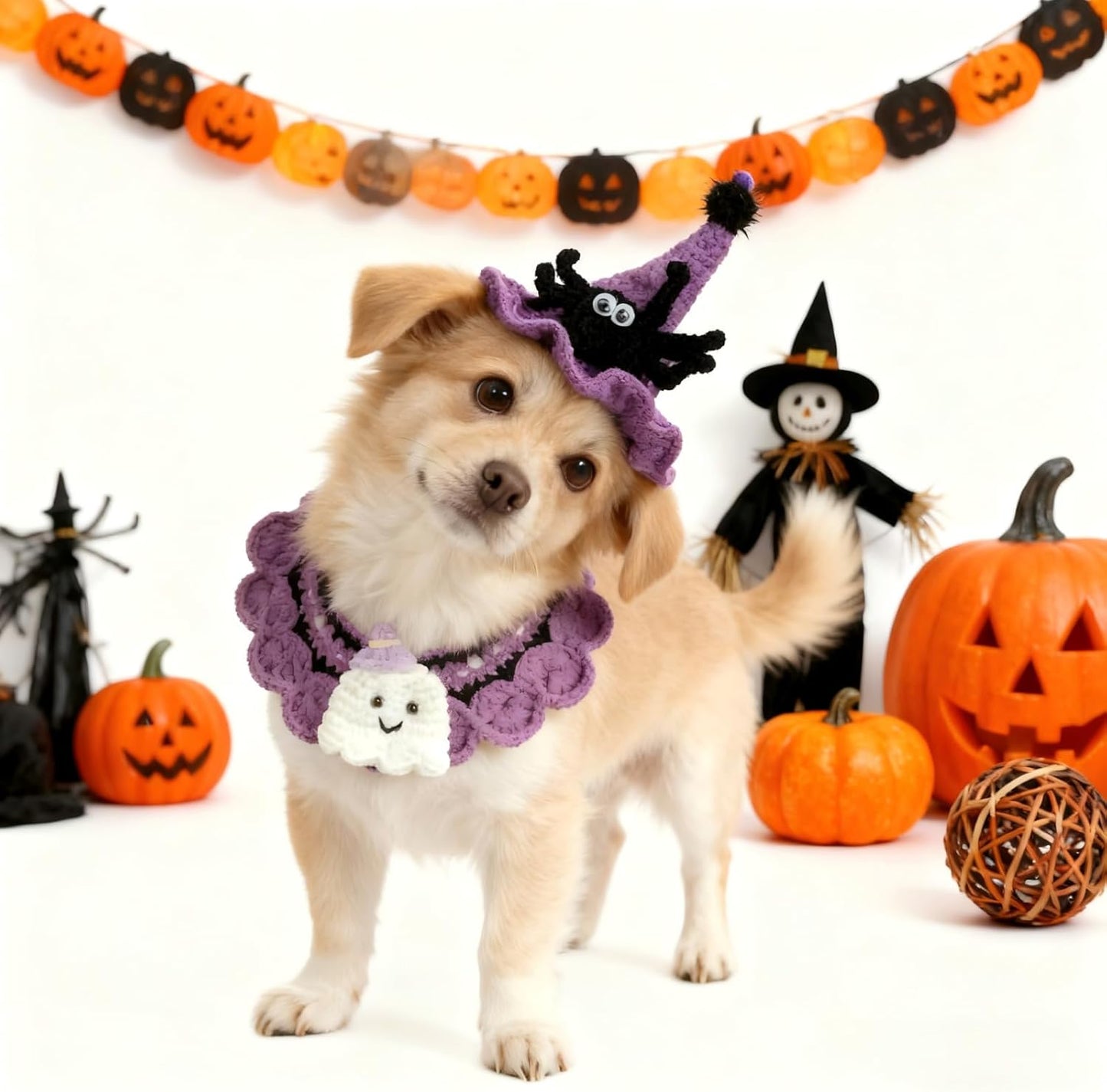 Halloween Cat Costume & Dog Outfit – Handmade Purple Witch Hat & Cute Ghost Cat Clothes, Adjustable Pet Outfit for Rabbits,Cats &Small Dogs, Lightweight & Breathable, Festive Pet Accessories (Small to Large Pet)