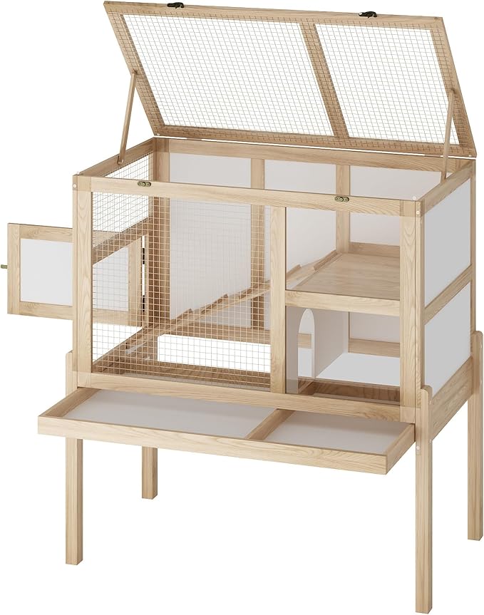 Guinea Pig House for 2 with Stand, Small Animals Rabbit Cages with a Pull Out Tray, Wooden 2-Story Indoor Large Hamster Habitat Playpen with Ramp, Hideout, Platform