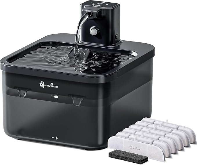 DownyPaws Battery Operated Cat Water Fountain, 84oz/2.5L Fursink Wireless Cat Waterer Fountain with Motion Sensor, BPA-Free, Black with 6 Filters