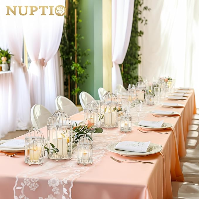 NUPTIO Decorative Candle Lanterns White: 3 Pcs Distressed White Metal Bird Cage Indoors Lantern Centerpiece Assorted Rustic Birdcage Pillar Candle Holders for Home Living Room Porch Office Decoration