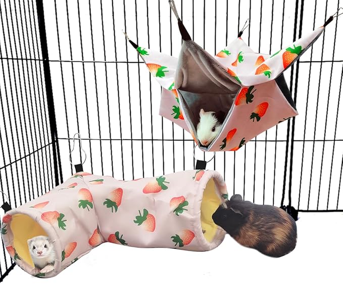 Large Caliber Guinea Pig & Rat Tunnel Hideout & Hammock, Corner Hideout Toy for Guinea Pig, Ferret, Hedgehog & Piggy to Hide and Shuttle (2. Hammock&Tunnel-Strawberry)