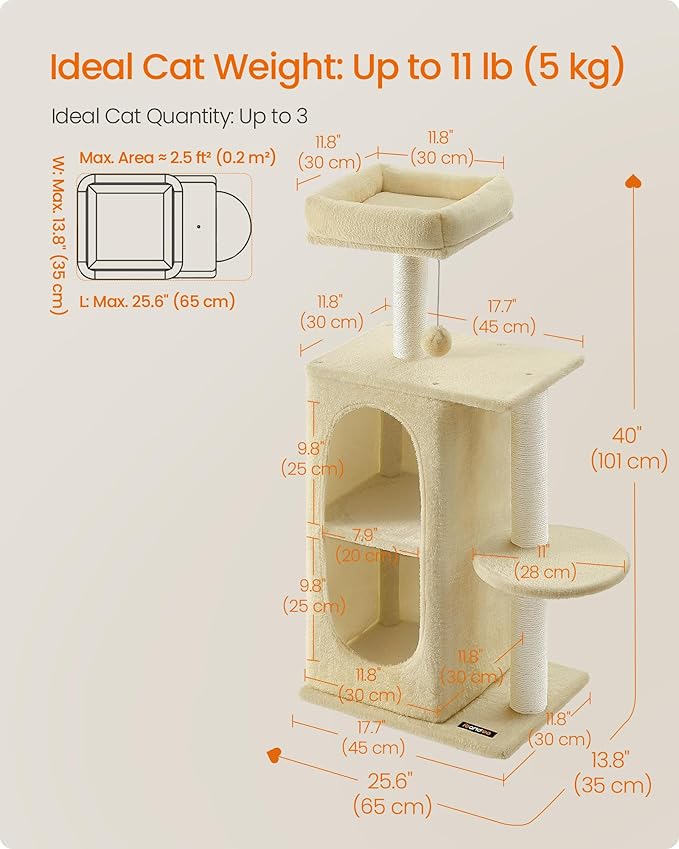 Feandrea Cat Tree Tower with 2 Caves for Multi-Cat Households, Kittens, Scratching Posts, Sand Beige UPCT005Y01
