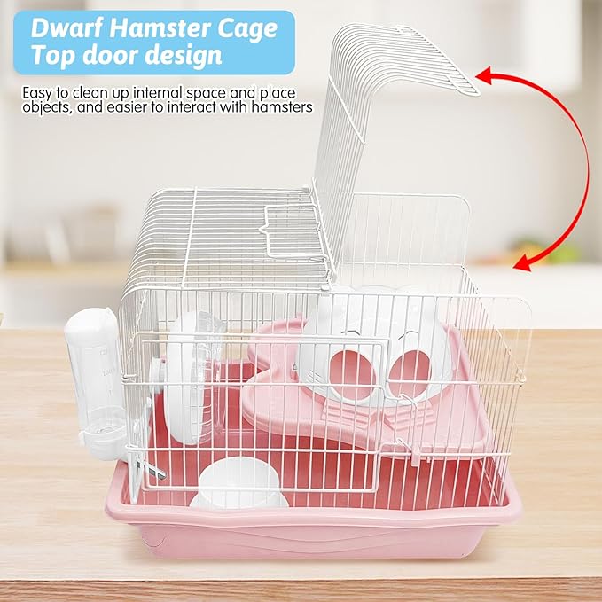 PINVNBY Dwarf Hamster Cage, Small Animal Cages, 2-Tier Travel Portable Mouse Cage Hamster Carrier with Castle House Running Exercise Wheels, Water Bottle and Food Dis(Pink)