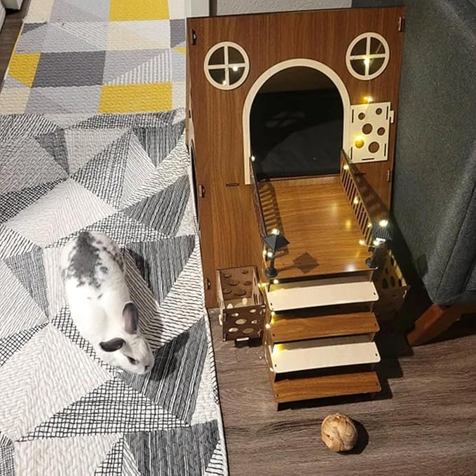 Large Modern Wooden Rabbit Castle House Hutch - Bunny Hideout Indoor Habitats - Pet 2-Story Home Furniture(Excluding Street Lights)