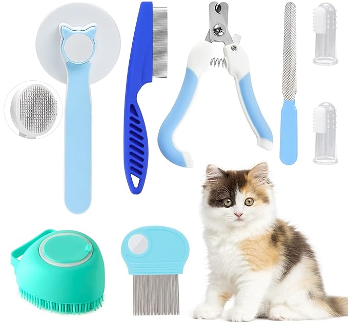 VCZONE 8 Pcs Cat Brush Grooming Kits, Pet Self Cleaning Kit with Pet Nail Clipper and File, Flea Comb, Pet Shampoo Bath Brush, Pet Shedding Brush, Silicone Toothbrush (Blue)