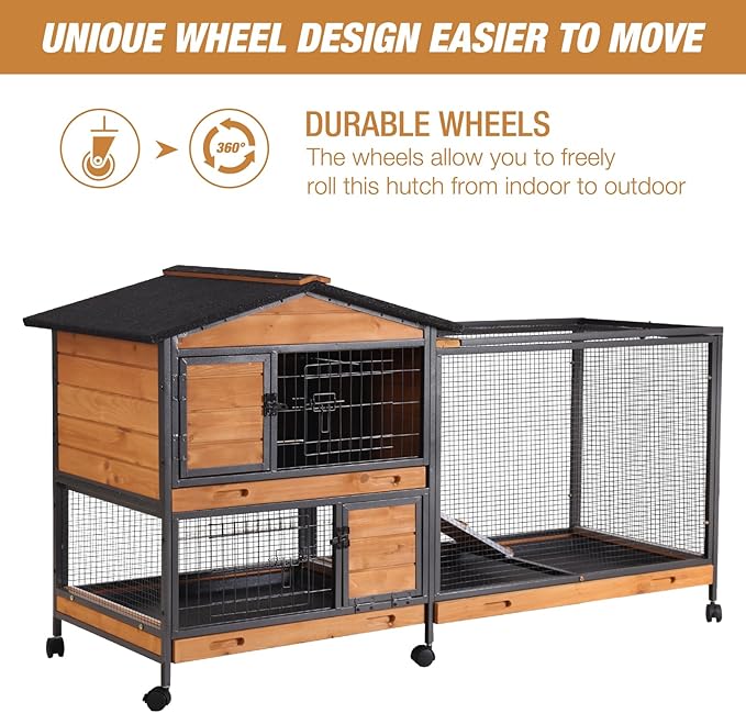 Rabbit Hutch Bunny Cage Strong Iron Frame Rabbit Cage Indoor and Outdoor Chicken Coop with Casters Waterproof Roof, Great for Rabbit,Bunny,Guinea Pig,Chickens.