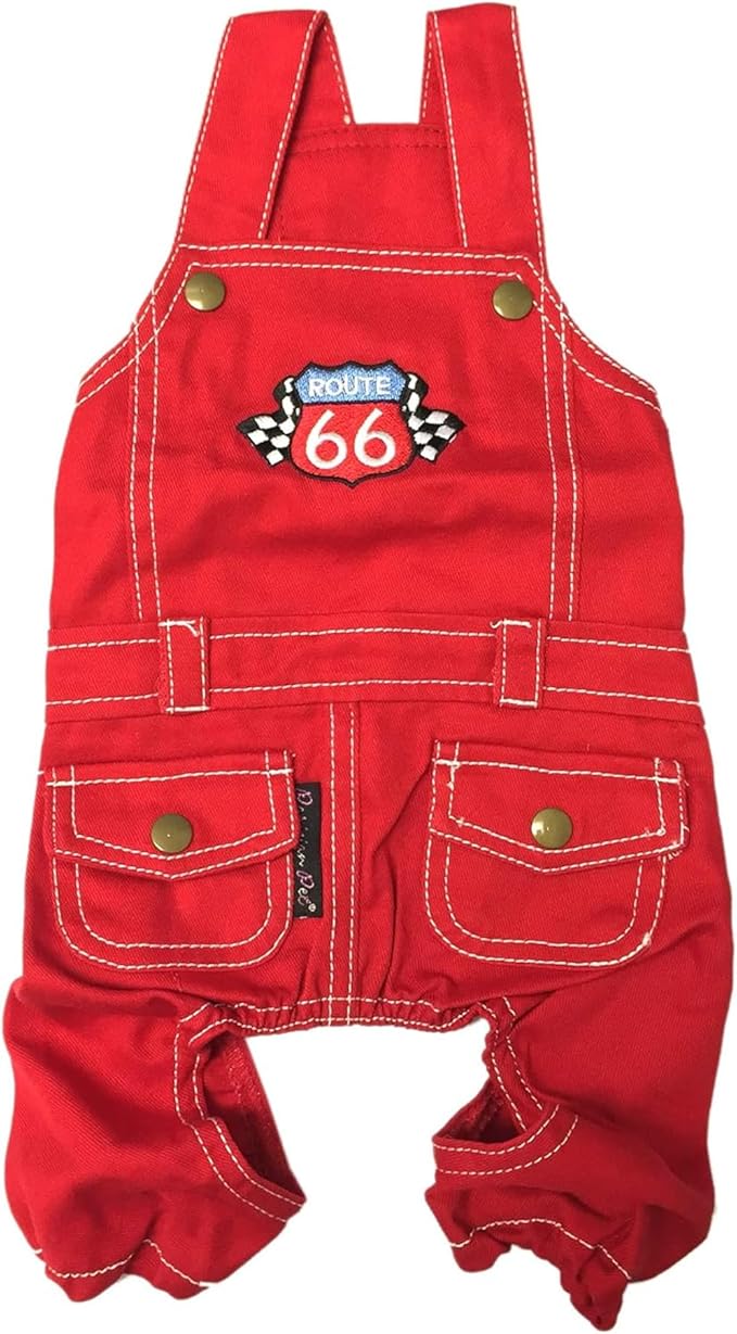 Parisian Pet Denim Dog Overalls - Embroidered 'Route 66' Red Jumpsuit - Breathable, Machine-Washable Medium Dog Costume