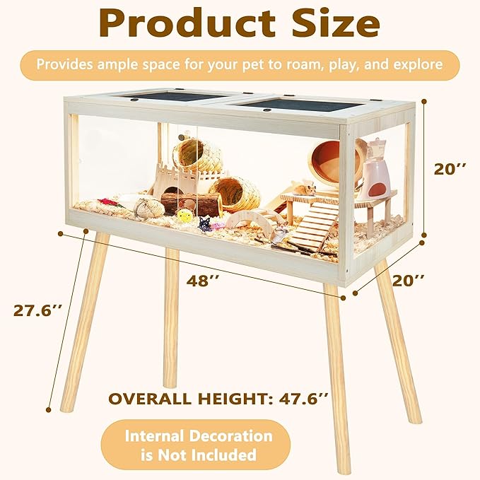 Hamster Cage Chewproof, Mice and Rat Habitat with Transparent Sides, Hamster Cage with Openable Mesh Top, Solid Built with Lock Design and Leg Stand, 48" inch