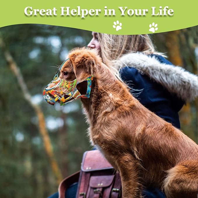 Mayrezon Dog Muzzle, Printed Basket Muzzle for Small Medium Large Dogs Dachshund, Beagle, German Shepherd, Breathable Pet Muzzles to Prevent Biting Chewing Scavenging, Allows Panting and Drinking