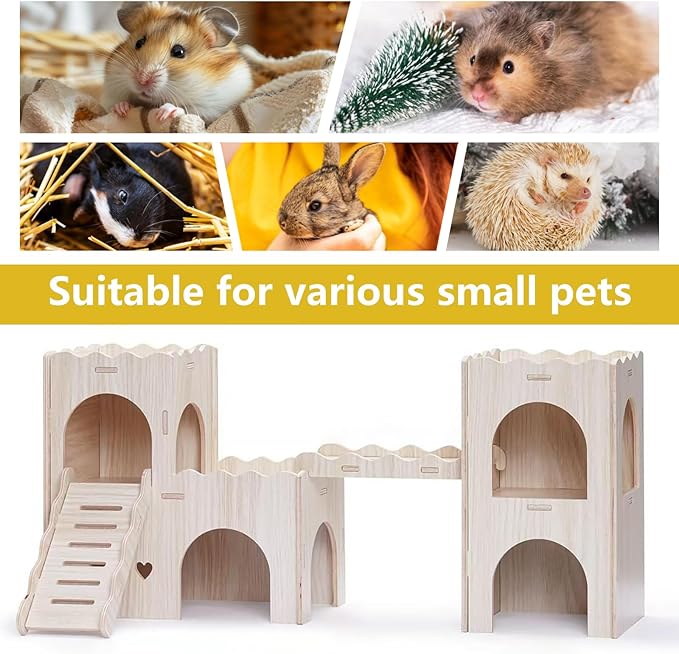 Large Wooden Hamster House Castle with Double Decker,Large Hamster, Wooden Hamster Houses,Dwarf Hamster Habitat Hideout with Climbing Ladder,Large Guinea Pig Castle Detachable Hideouts(D)