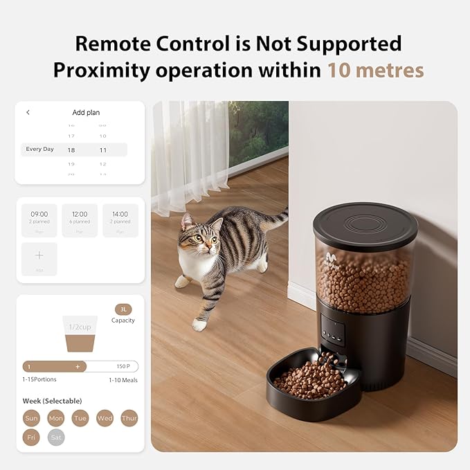 Automatic Cat Feeder - 3L Pet Dry Food Dispenser with Timed Programmable Portion Control, Dual Power Backup, Easy Set Up, 10 Meals Per Day for Cats and Puppies, Black(Remote Not Supported)